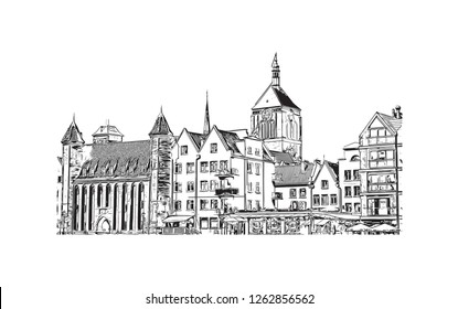 Building view with landmark of Gdansk (Danzig in German) is a port city on the Baltic coast of Poland. Hand drawn sketch illustration in vector.