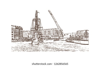 Building view with landmark of Gdansk (Danzig in German) is a port city on the Baltic coast of Poland. Hand drawn sketch illustration in vector.