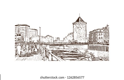 Building view with landmark of Gdansk (Danzig in German) is a port city on the Baltic coast of Poland. Hand drawn sketch illustration in vector.