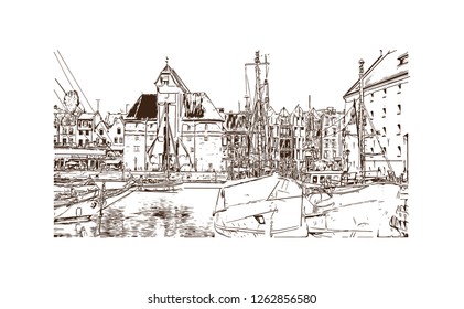 Building view with landmark of Gdansk (Danzig in German) is a port city on the Baltic coast of Poland. Hand drawn sketch illustration in vector.