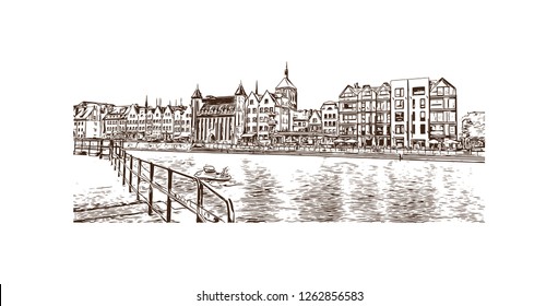 Building view with landmark of Gdansk (Danzig in German) is a port city on the Baltic coast of Poland. Hand drawn sketch illustration in vector.