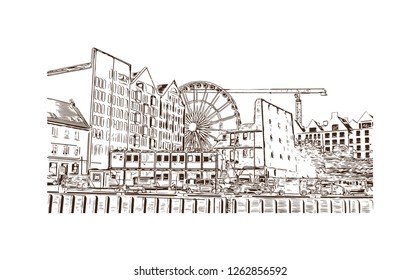 Building view with landmark of Gdansk (Danzig in German) is a port city on the Baltic coast of Poland. Hand drawn sketch illustration in vector.