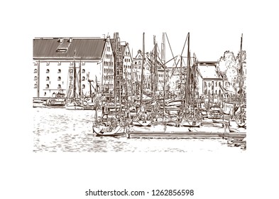 Building view with landmark of Gdansk (Danzig in German) is a port city on the Baltic coast of Poland. Hand drawn sketch illustration in vector.