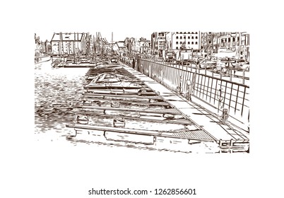 Building view with landmark of Gdansk (Danzig in German) is a port city on the Baltic coast of Poland. Hand drawn sketch illustration in vector.