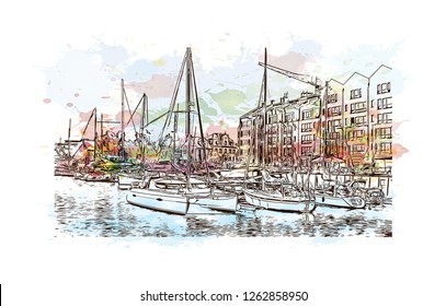 La vista de la construcción con el punto de referencia de Gdansk (Danzig en alemán) es una ciudad portuaria en la costa báltica de Polonia. Sacudida de color de agua con ilustración de esbozo dibujada a mano en vector.