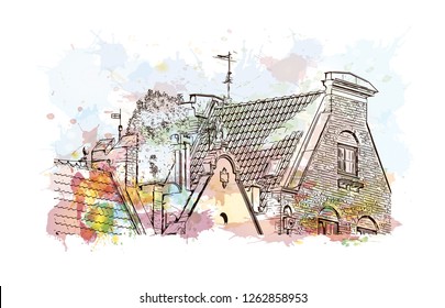 Building view with landmark of Gdansk (Danzig in German) is a port city on the Baltic coast of Poland. Watercolor splash with Hand drawn sketch illustration in vector.