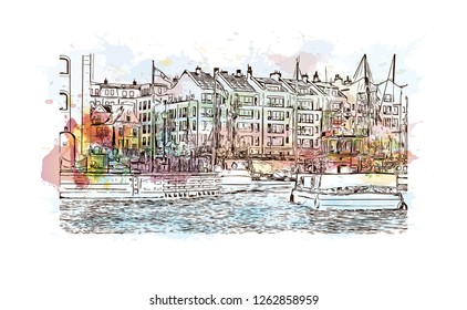 Building view with landmark of Gdansk (Danzig in German) is a port city on the Baltic coast of Poland. Watercolor splash with Hand drawn sketch illustration in vector.