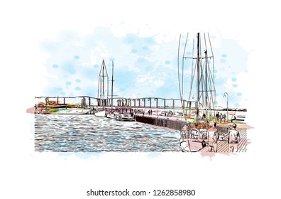 Building view with landmark of Gdansk (Danzig in German) is a port city on the Baltic coast of Poland. Watercolor splash with Hand drawn sketch illustration in vector.
