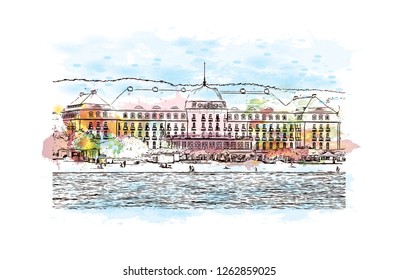 Building view with landmark of Gdansk (Danzig in German) is a port city on the Baltic coast of Poland. Watercolor splash with Hand drawn sketch illustration in vector.