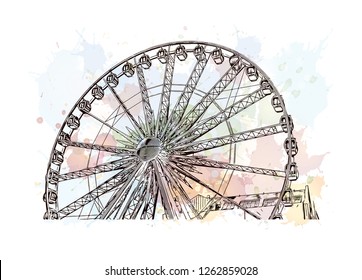 Building view with landmark of Gdansk (Danzig in German) is a port city on the Baltic coast of Poland. Watercolor splash with Hand drawn sketch illustration in vector.