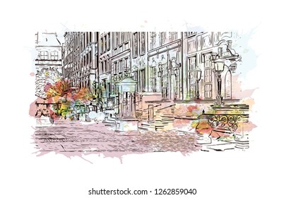 Building view with landmark of Gdansk (Danzig in German) is a port city on the Baltic coast of Poland. Watercolor splash with Hand drawn sketch illustration in vector.