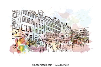Building view with landmark of Gdansk (Danzig in German) is a port city on the Baltic coast of Poland. Watercolor splash with Hand drawn sketch illustration in vector.