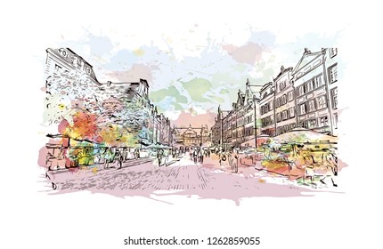 Building view with landmark of Gdansk (Danzig in German) is a port city on the Baltic coast of Poland. Watercolor splash with Hand drawn sketch illustration in vector.