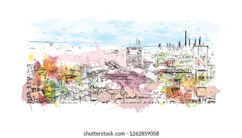 Building view with landmark of Gdansk (Danzig in German) is a port city on the Baltic coast of Poland. Watercolor splash with Hand drawn sketch illustration in vector.