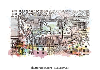 Building view with landmark of Gdansk (Danzig in German) is a port city on the Baltic coast of Poland. Watercolor splash with Hand drawn sketch illustration in vector.