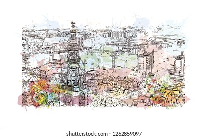 Building view with landmark of Gdansk (Danzig in German) is a port city on the Baltic coast of Poland. Watercolor splash with Hand drawn sketch illustration in vector.