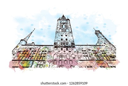 Building view with landmark of Gdansk (Danzig in German) is a port city on the Baltic coast of Poland. Watercolor splash with Hand drawn sketch illustration in vector.