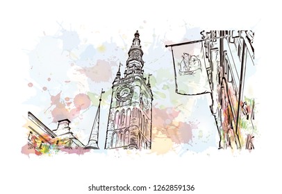 Building view with landmark of Gdansk (Danzig in German) is a port city on the Baltic coast of Poland. Watercolor splash with Hand drawn sketch illustration in vector.