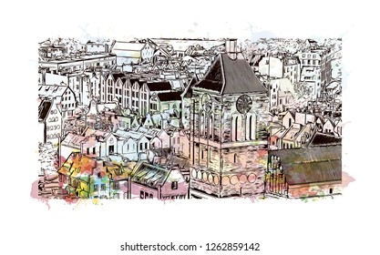 Building view with landmark of Gdansk (Danzig in German) is a port city on the Baltic coast of Poland. Watercolor splash with Hand drawn sketch illustration in vector.