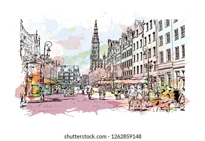 Building view with landmark of Gdansk (Danzig in German) is a port city on the Baltic coast of Poland. Watercolor splash with Hand drawn sketch illustration in vector.