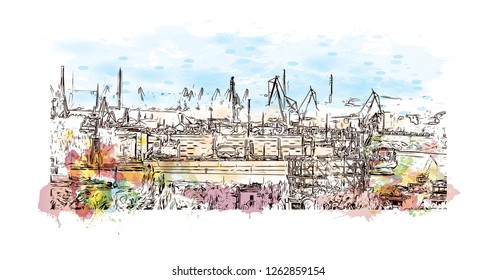 Building view with landmark of Gdansk (Danzig in German) is a port city on the Baltic coast of Poland. Watercolor splash with Hand drawn sketch illustration in vector.