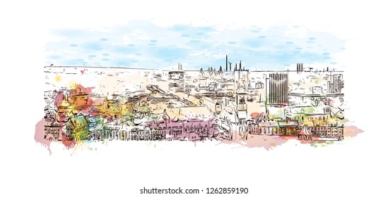 Building view with landmark of Gdansk (Danzig in German) is a port city on the Baltic coast of Poland. Watercolor splash with Hand drawn sketch illustration in vector.