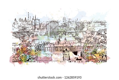 Building view with landmark of Gdansk (Danzig in German) is a port city on the Baltic coast of Poland. Watercolor splash with Hand drawn sketch illustration in vector.