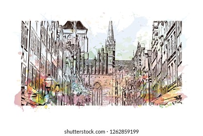 Building view with landmark of Gdansk (Danzig in German) is a port city on the Baltic coast of Poland. Watercolor splash with Hand drawn sketch illustration in vector.