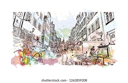 Building view with landmark of Gdansk (Danzig in German) is a port city on the Baltic coast of Poland. Watercolor splash with Hand drawn sketch illustration in vector.