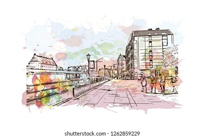 Building view with landmark of Gdansk (Danzig in German) is a port city on the Baltic coast of Poland. Watercolor splash with Hand drawn sketch illustration in vector.