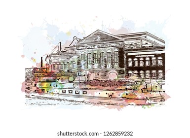 Building view with landmark of Gdansk (Danzig in German) is a port city on the Baltic coast of Poland. Watercolor splash with Hand drawn sketch illustration in vector.