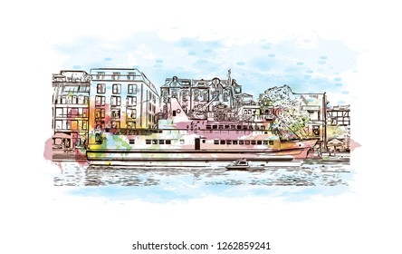 Building view with landmark of Gdansk (Danzig in German) is a port city on the Baltic coast of Poland. Watercolor splash with Hand drawn sketch illustration in vector.