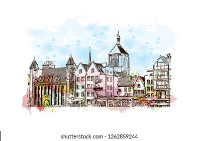 Building view with landmark of Gdansk (Danzig in German) is a port city on the Baltic coast of Poland. Watercolor splash with Hand drawn sketch illustration in vector.