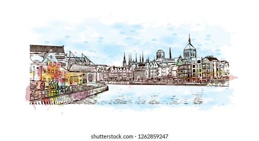 Building view with landmark of Gdansk (Danzig in German) is a port city on the Baltic coast of Poland. Watercolor splash with Hand drawn sketch illustration in vector.