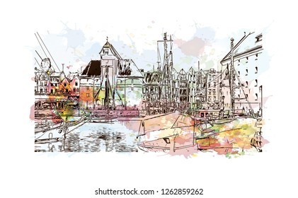 Building view with landmark of Gdansk (Danzig in German) is a port city on the Baltic coast of Poland. Watercolor splash with Hand drawn sketch illustration in vector.