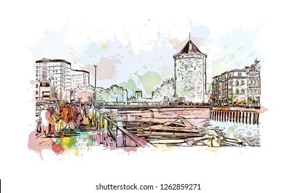 Building view with landmark of Gdansk (Danzig in German) is a port city on the Baltic coast of Poland. Watercolor splash with Hand drawn sketch illustration in vector.
