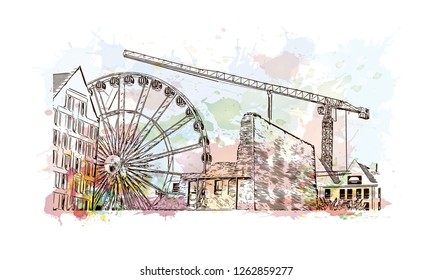 Building view with landmark of Gdansk (Danzig in German) is a port city on the Baltic coast of Poland. Watercolor splash with Hand drawn sketch illustration in vector.