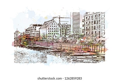 Building view with landmark of Gdansk (Danzig in German) is a port city on the Baltic coast of Poland. Watercolor splash with Hand drawn sketch illustration in vector.