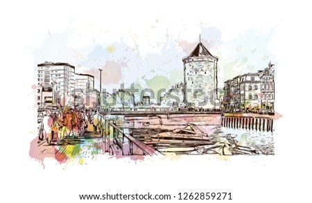 Building view with landmark of Gdansk (Danzig in German) is a port city on the Baltic coast of Poland. Watercolor splash with Hand drawn sketch illustration in vector.