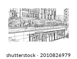 Building view with landmark of Gdynia is a port city in Poland. Hand drawn sketch illustration in vector. 