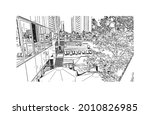 Building view with landmark of Gdynia is a port city in Poland. Hand drawn sketch illustration in vector. 