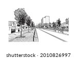 Building view with landmark of Gdynia is a port city in Poland. Hand drawn sketch illustration in vector. 