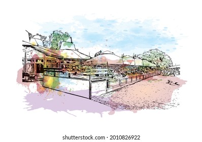 Building view with landmark of Gdynia is a port city in Poland. Watercolor splsh with hand drawn sketch illustration in vector. 
