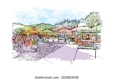 Building view with landmark of Gdynia is a port city in Poland. Watercolor splsh with hand drawn sketch illustration in vector. 