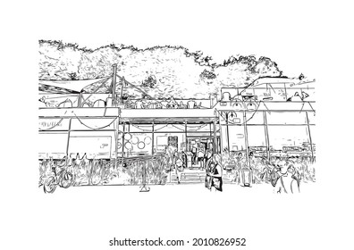 Building view with landmark of Gdynia is a port city in Poland. Hand drawn sketch illustration in vector. 