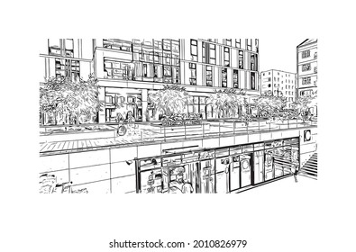 Building view with landmark of Gdynia is a port city in Poland. Hand drawn sketch illustration in vector. 