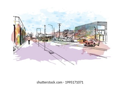 Building view with landmark of Geelong is the 
city in Australia. Watercolor splash with hand drawn sketch illustration in vector.