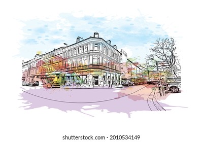 Building view landmark of Gelsenkirchen is a city in western Germany. Watercolor splash with hand drawn sketch illustration in vector.