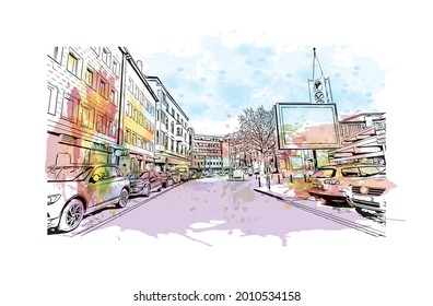 Building view landmark of Gelsenkirchen is a city in western Germany. Watercolor splash with hand drawn sketch illustration in vector.