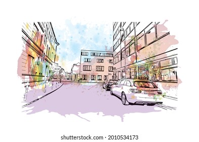Building view landmark of Gelsenkirchen is a city in western Germany. Watercolor splash with hand drawn sketch illustration in vector.